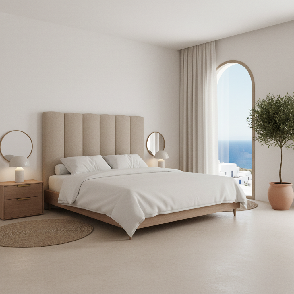 Cabecero Duna color beige con canapé a juego de Morfeo en dormitorio elegante.