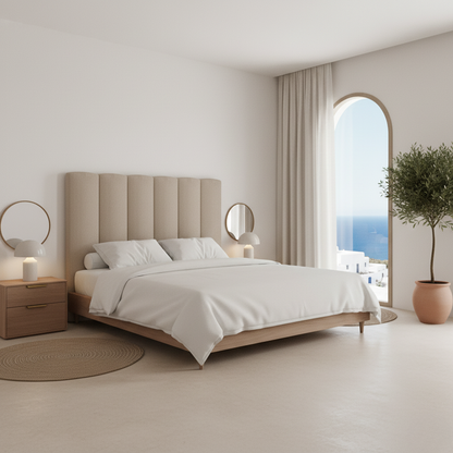 Cabecero Duna color beige con canapé a juego de Morfeo en dormitorio elegante.