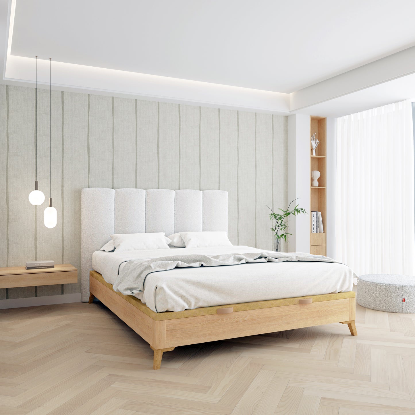 Cabecero Duna blanco de Morfeo con cama de madera en dormitorio luminoso de estilo natural.