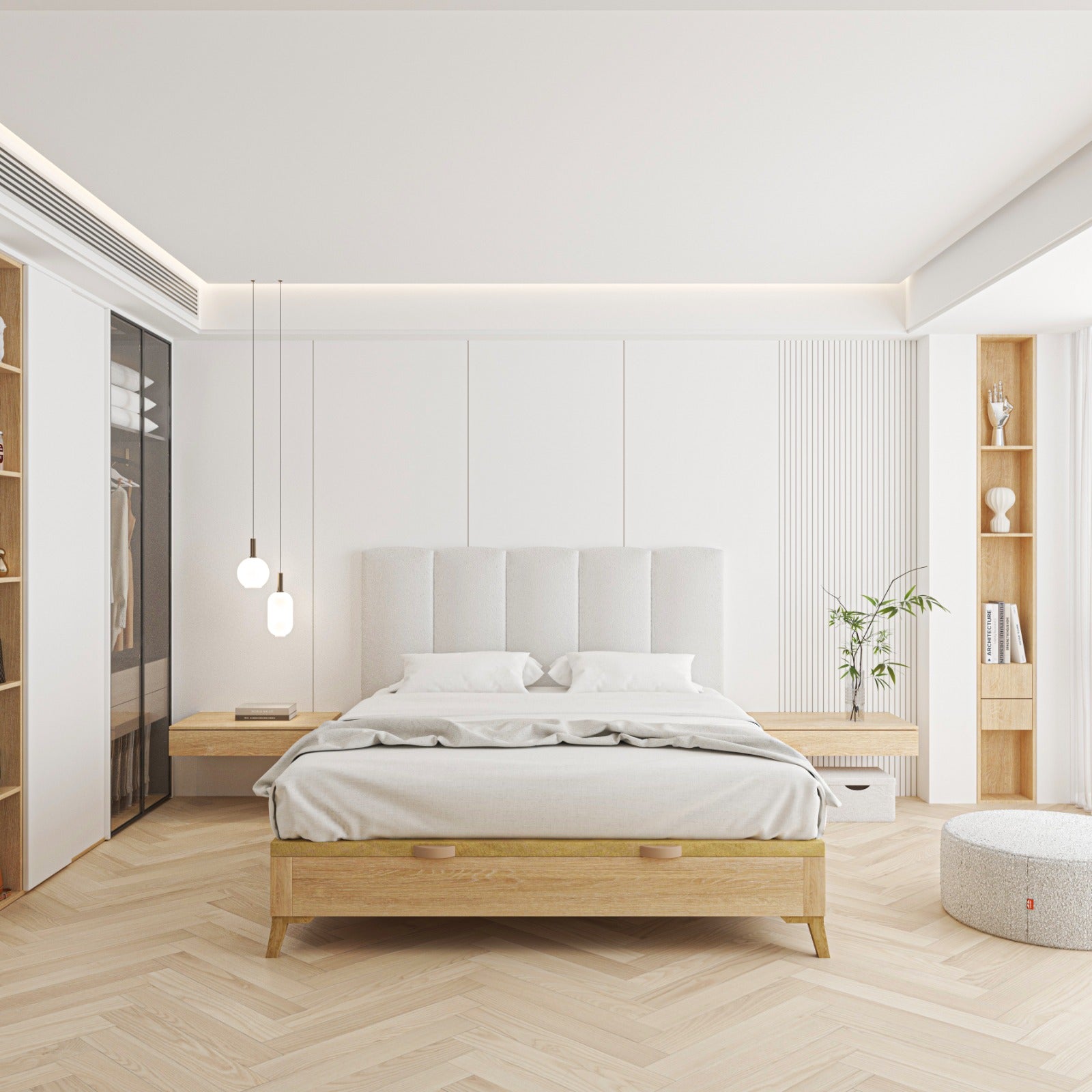 Cabecero Duna blanco de Morfeo en dormitorio mediterráneo con decoración natural.