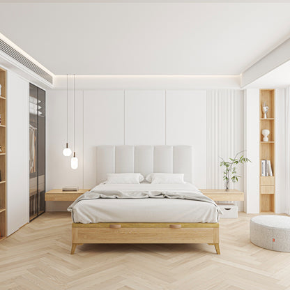 Cabecero Duna blanco de Morfeo en dormitorio mediterráneo con decoración natural.