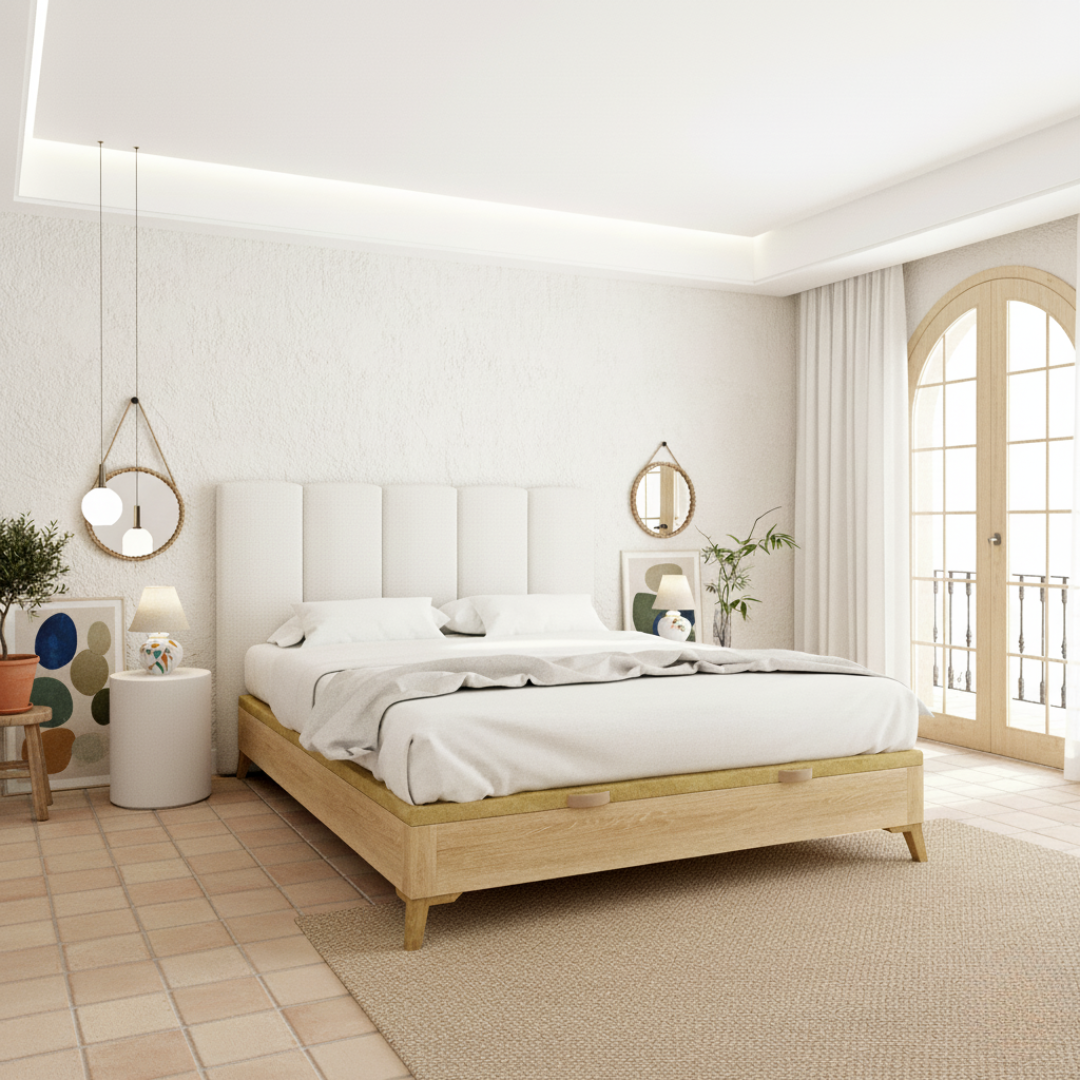 Cabecero Duna color blanco de Morfeo en habitación de estilo mediterráneo.