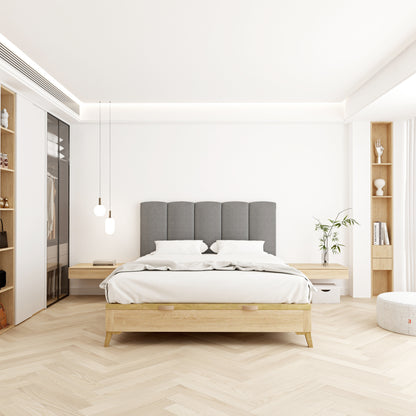 Cabecero Duna gris de Morfeo en dormitorio mediterráneo de estilo contemporáneo.