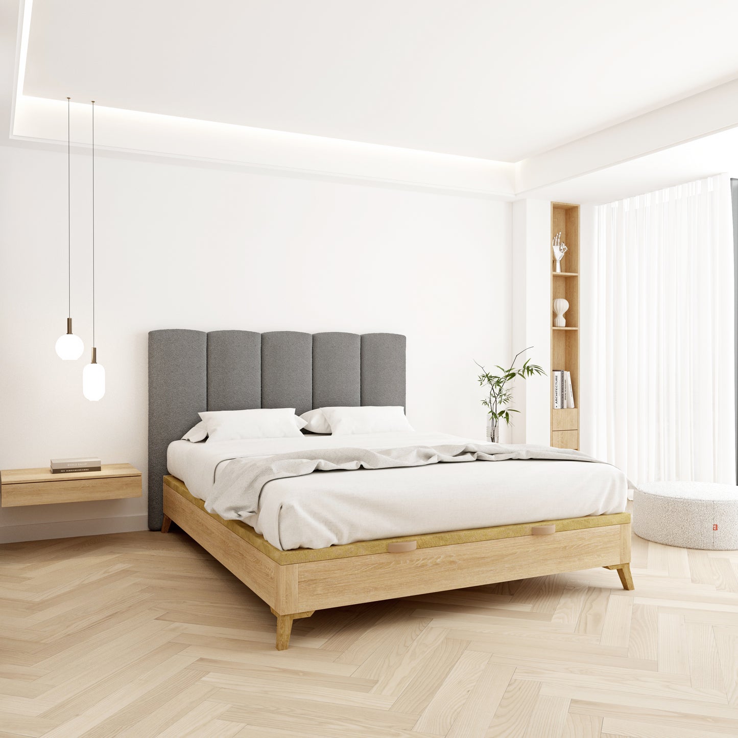 Cabecero Duna color gris de Morfeo en dormitorio moderno y luminoso con decoración natural.