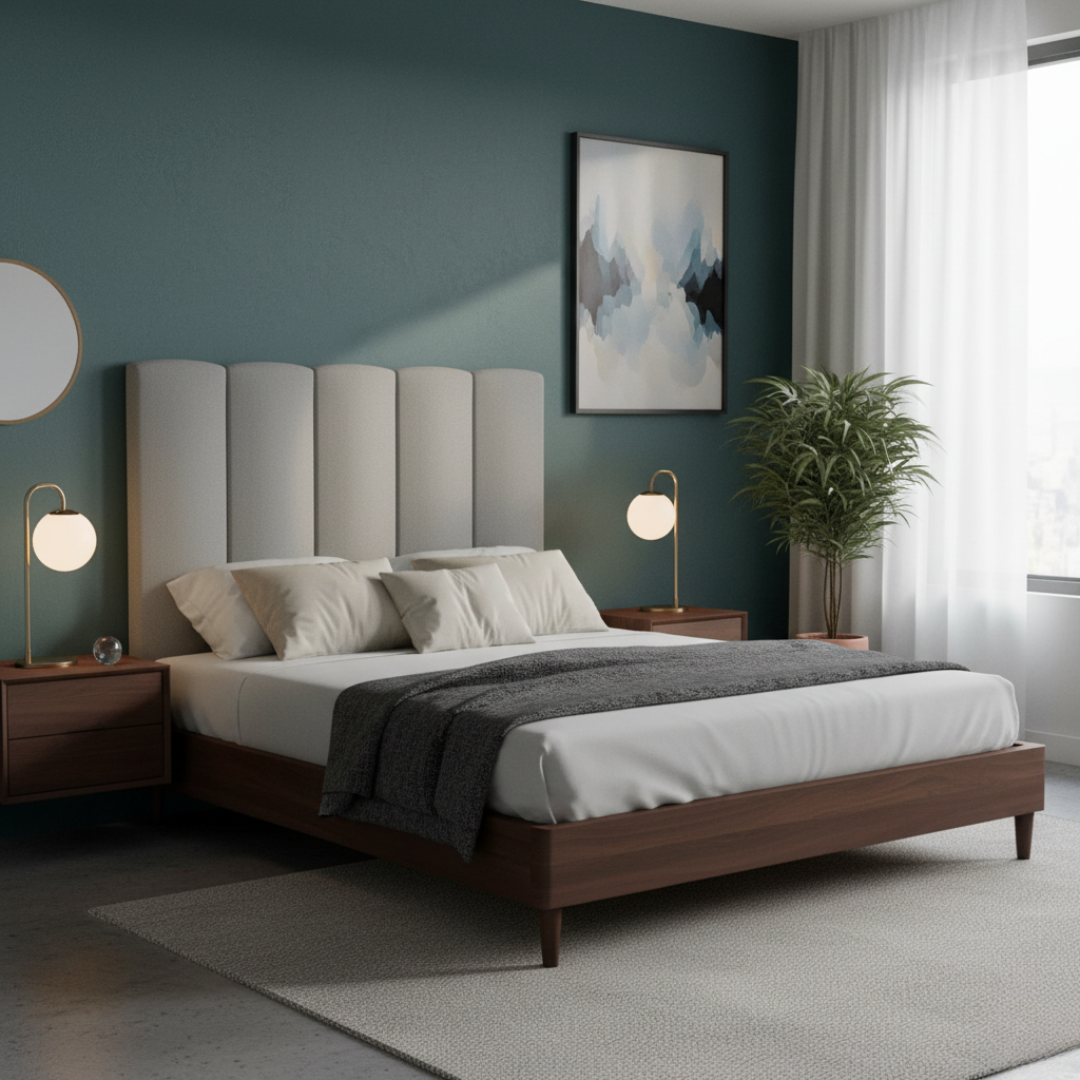 Morfeo's gray Duna headboard in a modern and elegant bedroom.