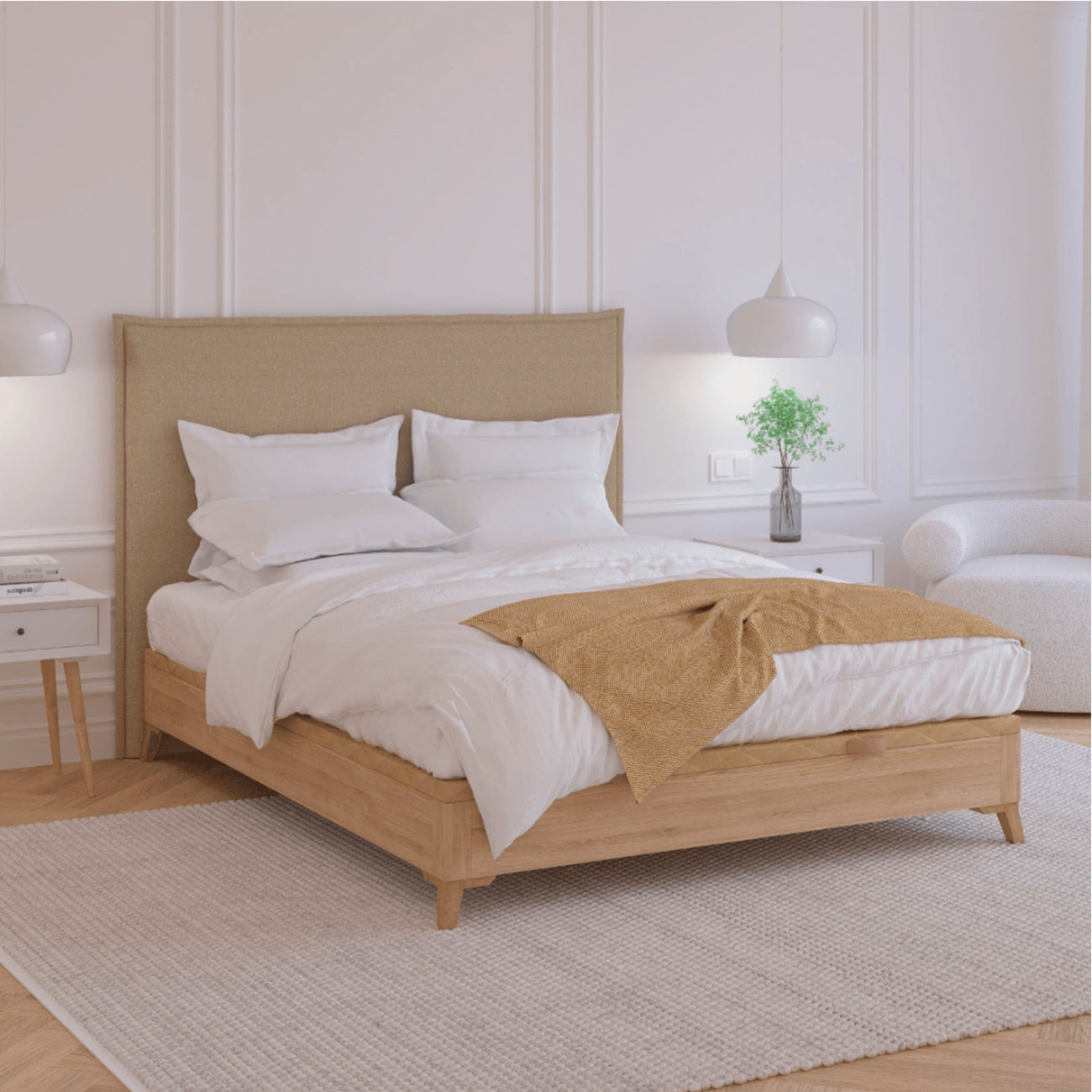 Cabecero Lin color crudo de Morfeo en dormitorio moderno con textiles claros.