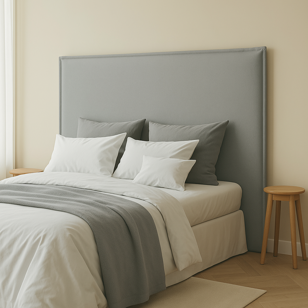 Cabecero Lin color gris de Morfeo en dormitorio elegante con cama y textiles blancos.