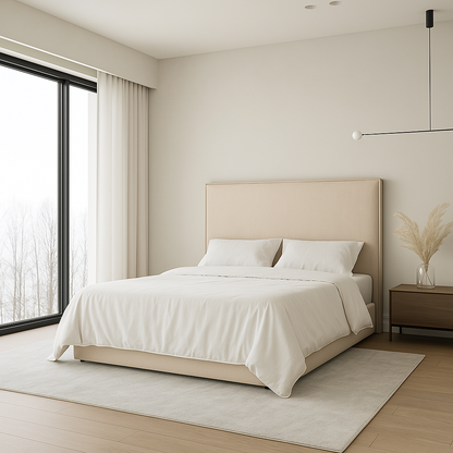 Cabecero Mox color beige de Morfeo en dormitorio moderno con textiles claros.