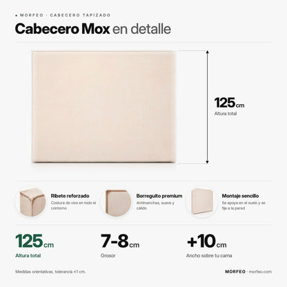 Infografía del cabecero tapizado Mox de Morfeo: 120 cm de altura, 7-8 cm de grosor y ancho de la cama +10 cm.