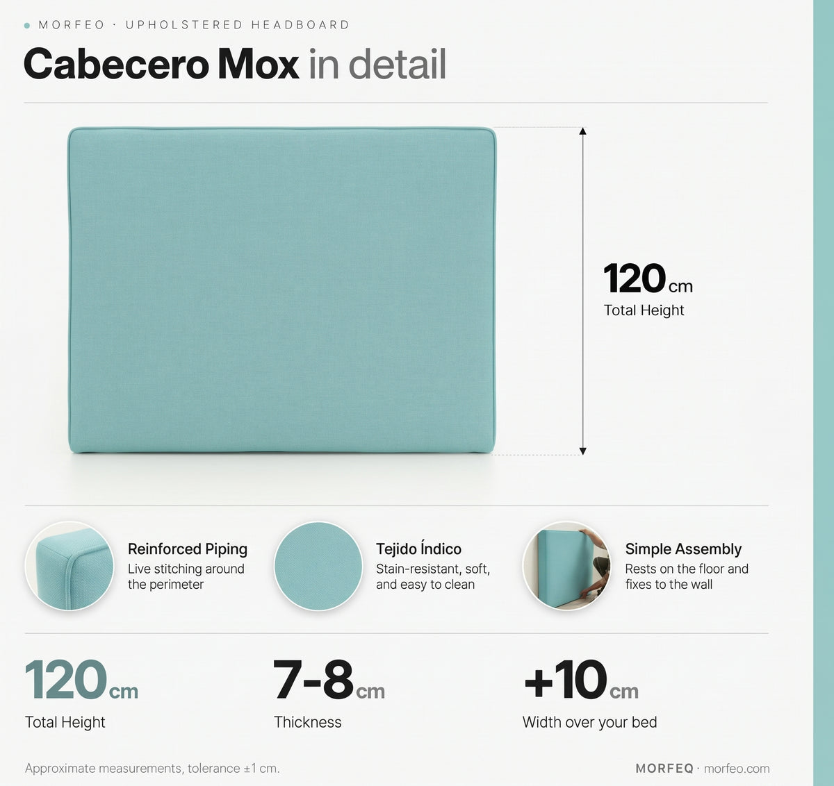 Medidas del cabecero tapizado Mox aguamarina de Morfeo: 120 cm de alto, 7-8 cm de grosor y 10 cm más ancho que la cama.