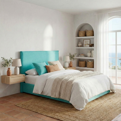 Cabecero Mox color turquesa de Morfeo en dormitorio moderno con textiles claros.