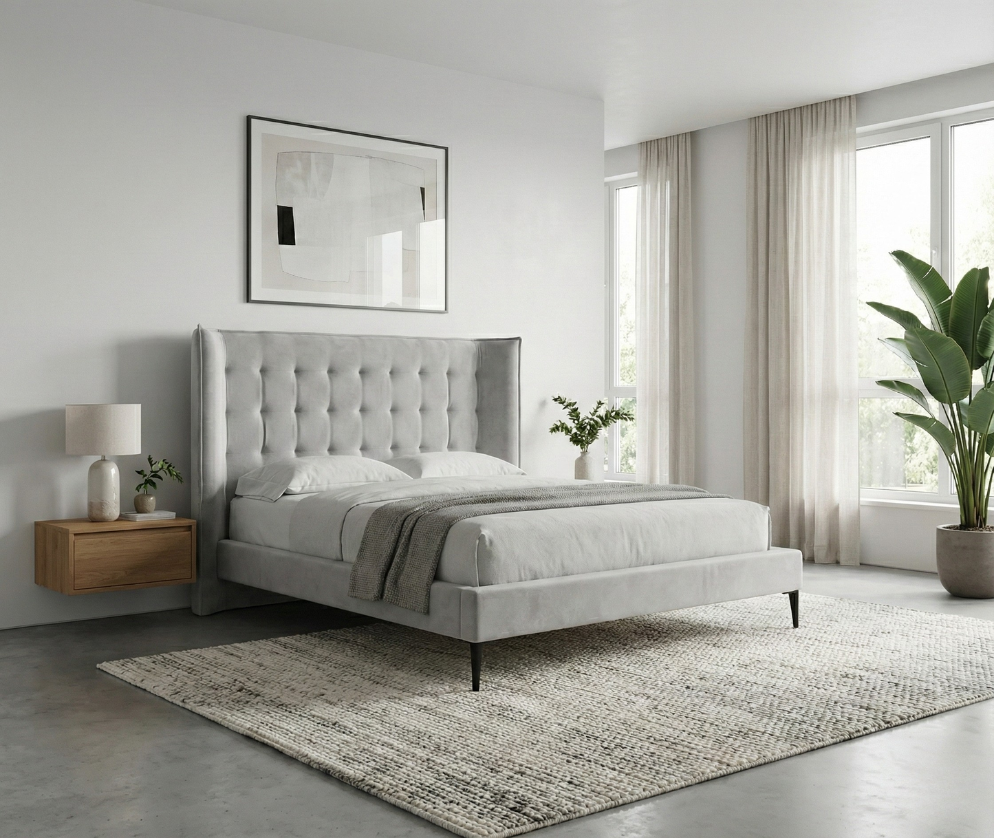 cabecero nido de morfeo en color gris con diseño acolchado colocado en un dormitorio de estilo suave