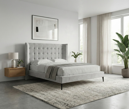 cabecero nido de morfeo en color gris con diseño acolchado colocado en un dormitorio de estilo suave