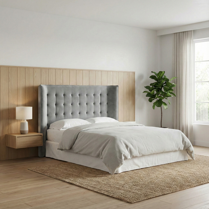 cabecero nido de morfeo en color gris en dormitorio acogedor con cama vestida en tonos neutros