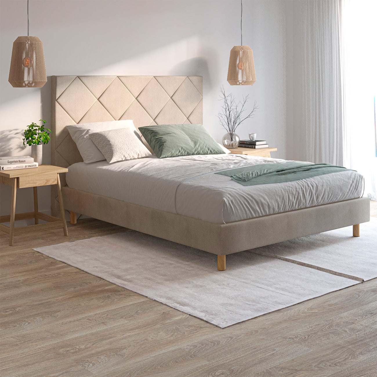 Cabecero Samos color beige de Morfeo en dormitorio luminoso de estilo contemporáneo.