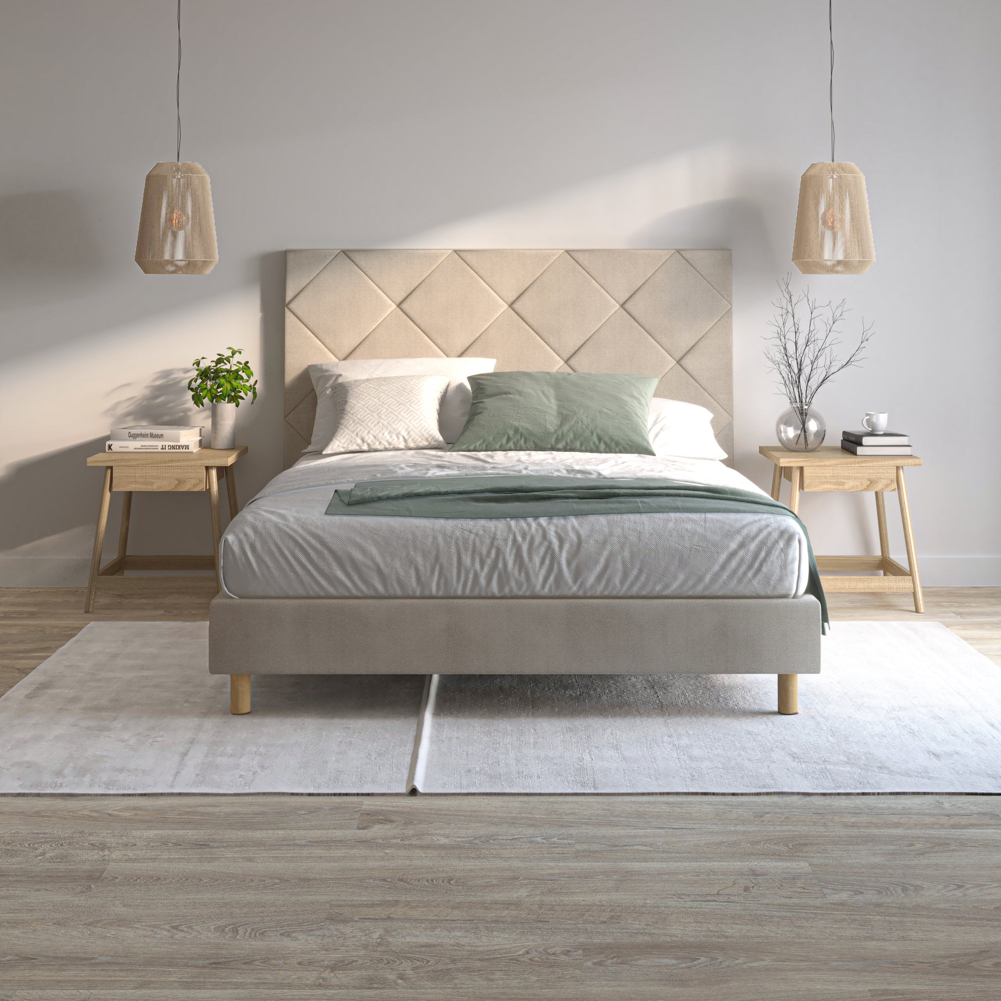 Cabecero Samos color beige de Morfeo en dormitorio moderno y luminoso.