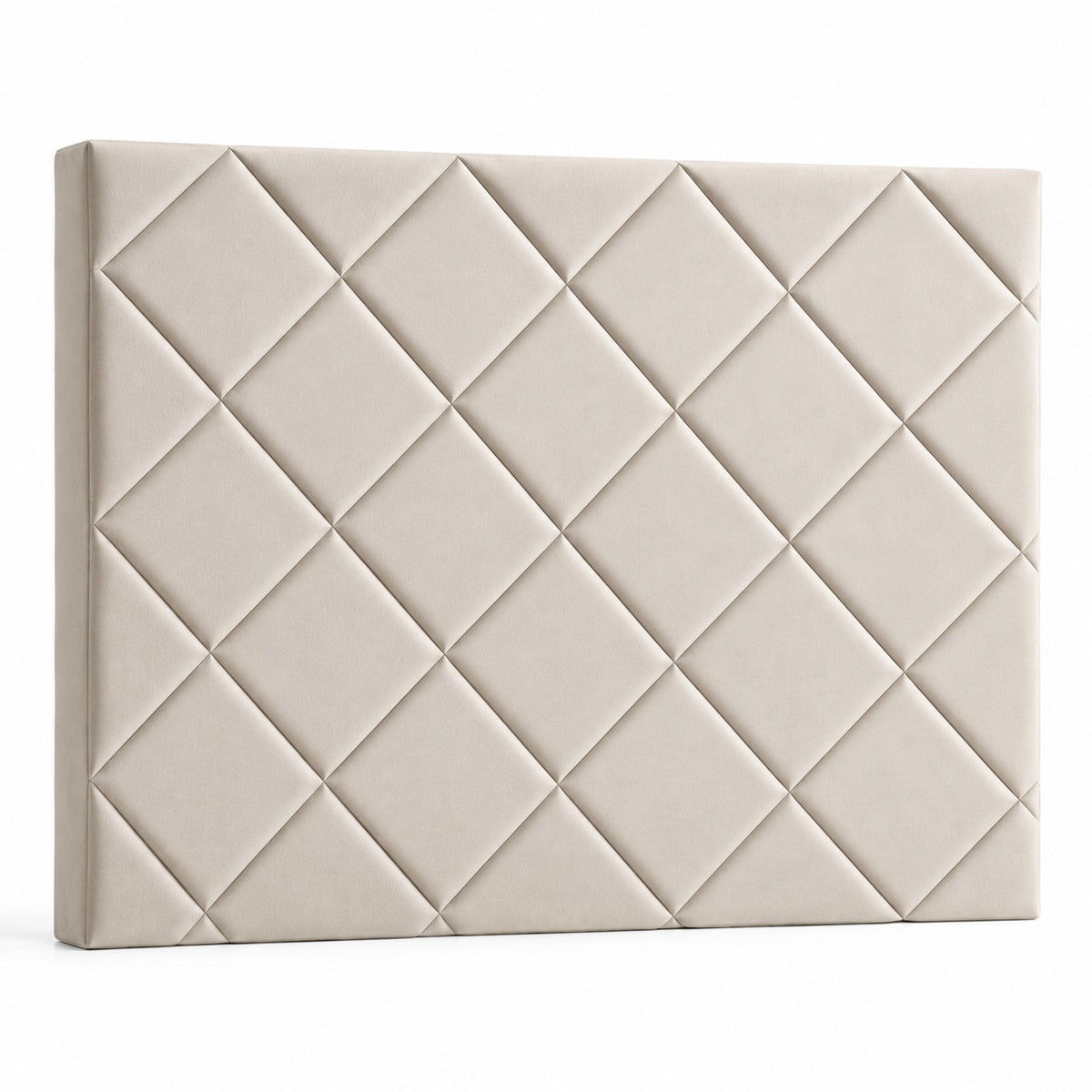 Cabecero Samos beige de Morfeo en perspectiva sobre fondo blanco, con el relieve de rombos marcado.