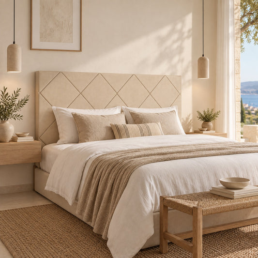Cabecero Samos beige de Morfeo con relieve de rombos en un dormitorio mediterráneo con luz natural.