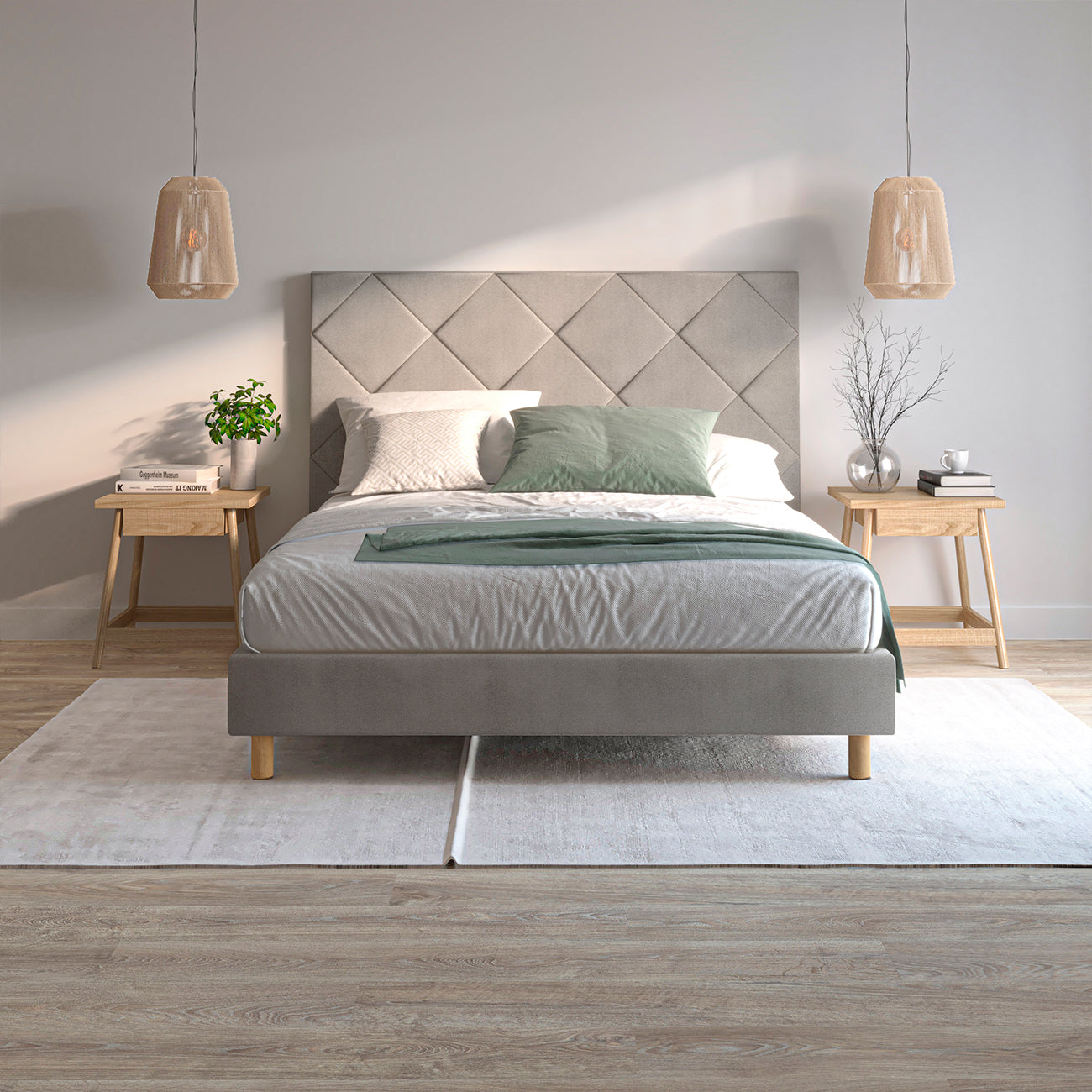 Cabecero Samos color gris de Morfeo en dormitorio moderno y elegante.