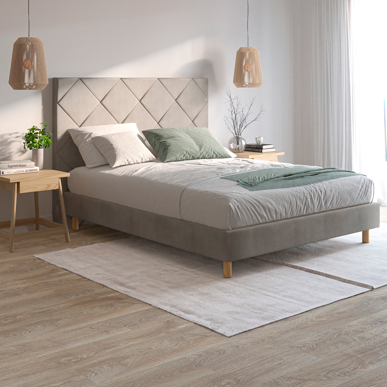 Cabecero Samos color gris de Morfeo en dormitorio de estilo natural y luminoso.