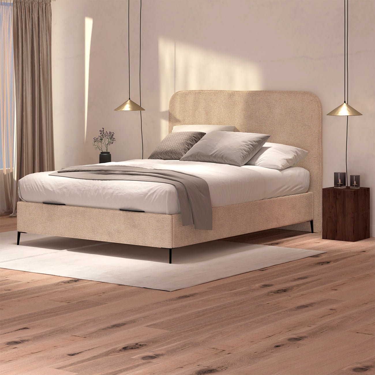 cabecero saona color beige de morfeo en dormitorio acogedor con cama vestida en tonos neutros