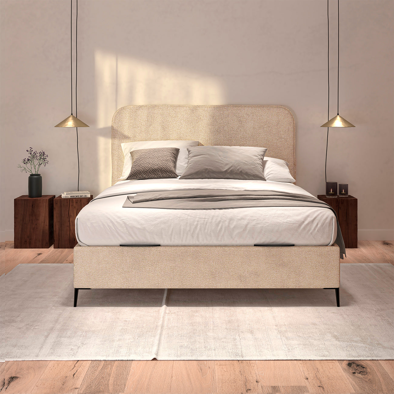 cabecero saona de morfeo en color beige en dormitorio luminoso con decoración en tonos neutros