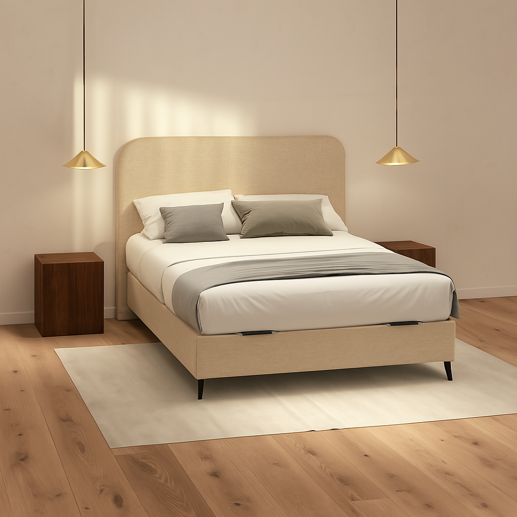 cabecero saona de morfeo en color beige en dormitorio moderno con estilo minimalista y tonos neutros