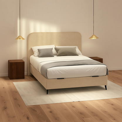 cabecero saona de morfeo en color beige en dormitorio moderno con estilo minimalista y tonos neutros