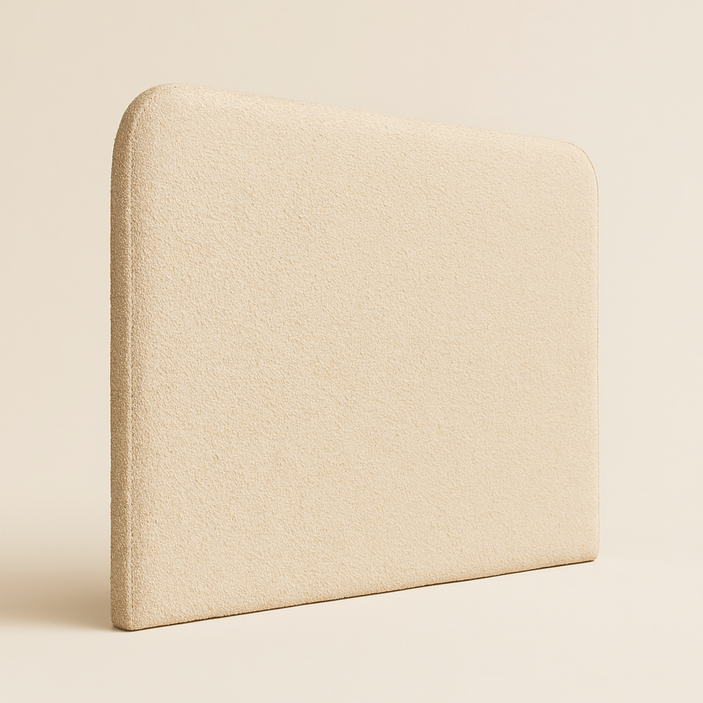 vista lateral del cabecero saona de morfeo en color beige con tapizado en tejido bouclé