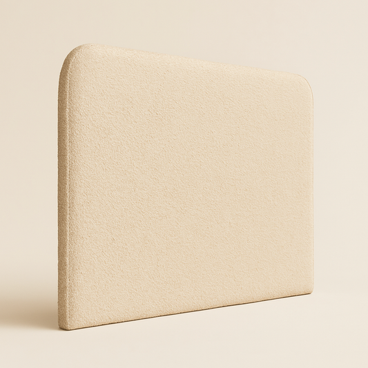 vista lateral del cabecero saona de morfeo en color beige con tapizado en tejido bouclé