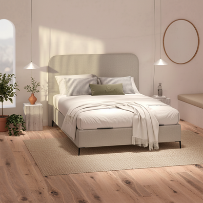 cabecero saona de morfeo en color gris en dormitorio de estilo mediterráneo con ambiente luminoso