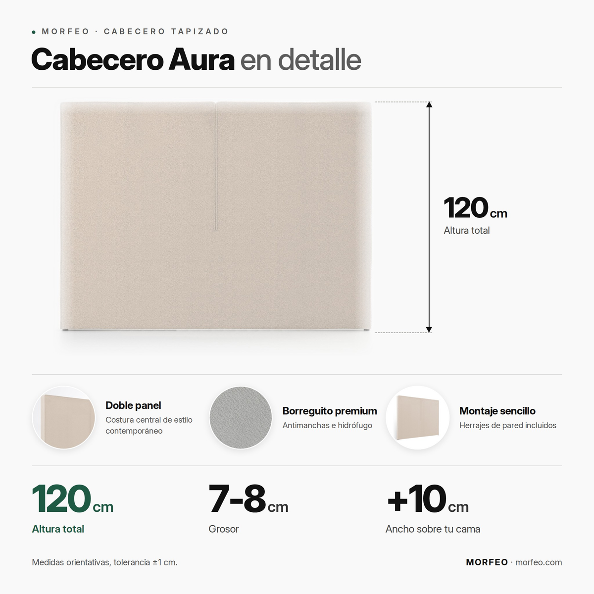Infografía del cabecero tapizado Aura de Morfeo: 120 cm de altura, 7-8 cm de grosor y ancho de la cama +10 cm.