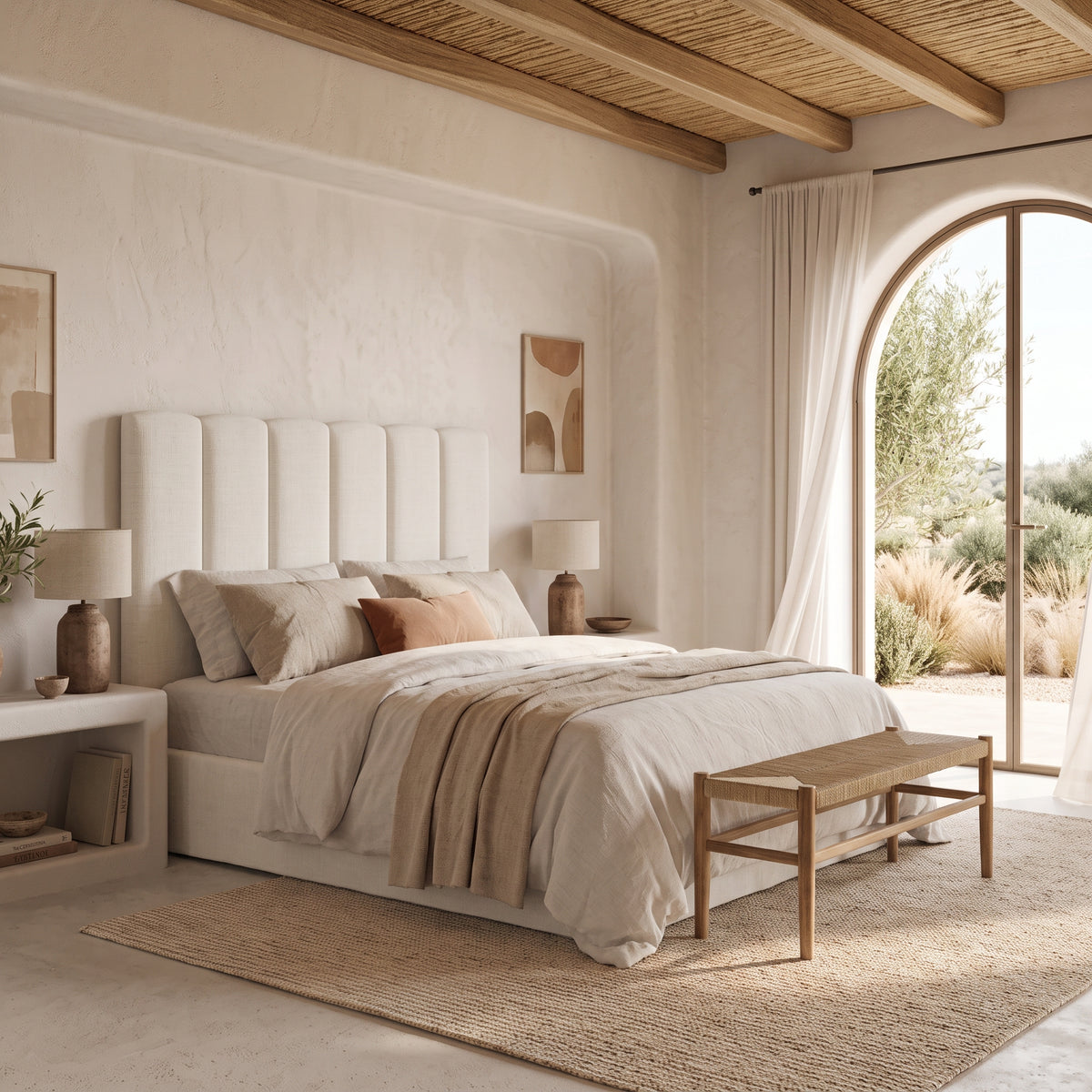 Cabecero tapizado Duna blanco de Morfeo en borreguito, en una habitación mediterránea con techo de madera.