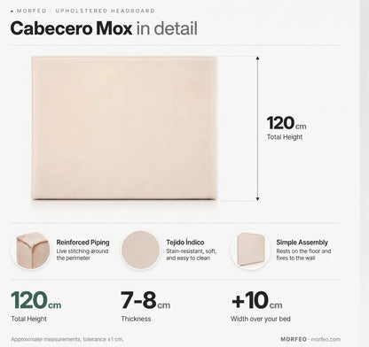 Medidas del cabecero tapizado Mox de Morfeo: 120 cm de alto, 7-8 cm de grosor y 10 cm más ancho que la cama.