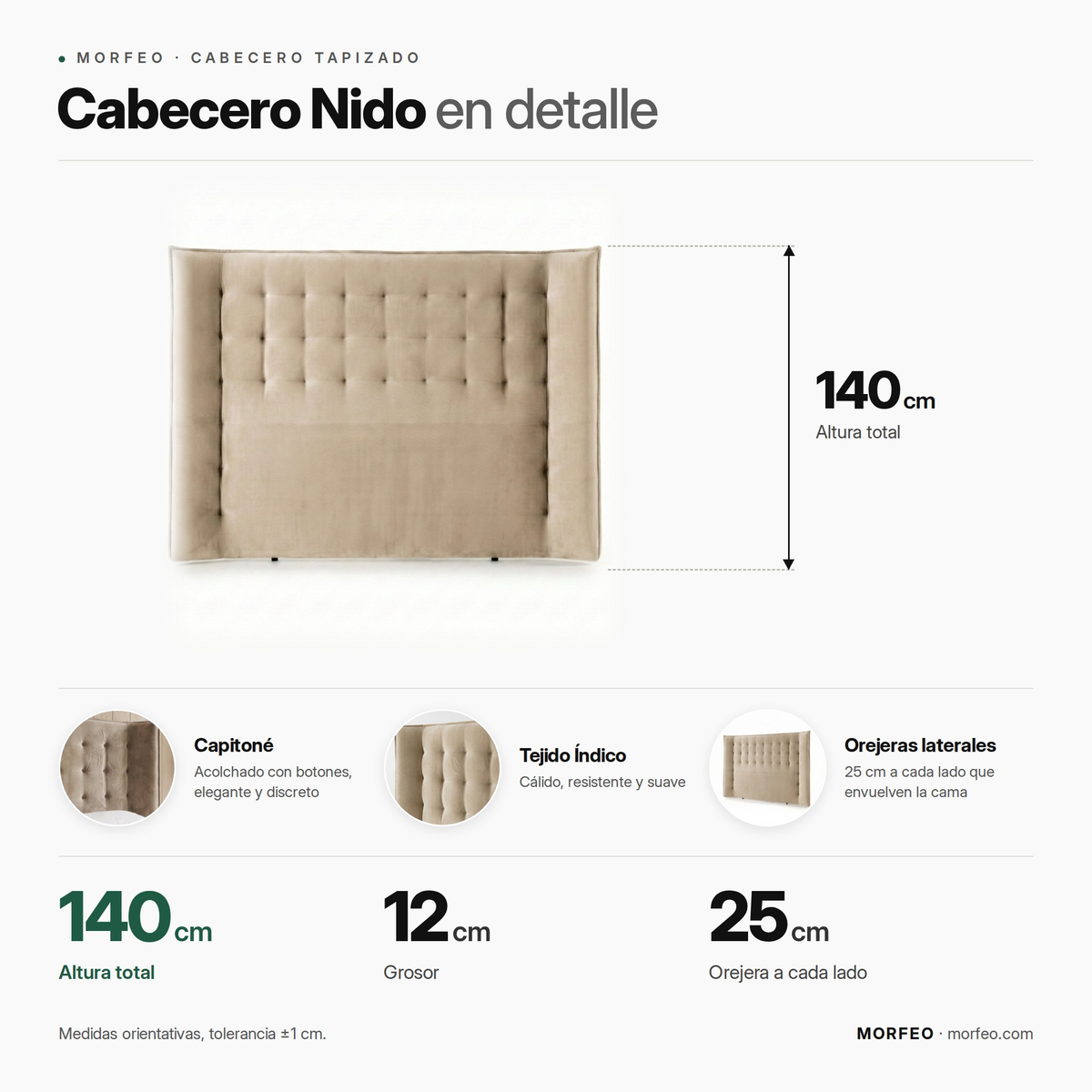 Infografía del cabecero tapizado Nido de Morfeo: 140 cm de altura, 12 cm de grosor y orejeras de 25 cm.