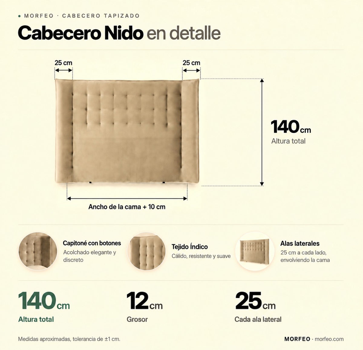 Medidas del cabecero tapizado Nido de Morfeo: 140 cm de altura y orejeras laterales de 25 cm a cada lado.