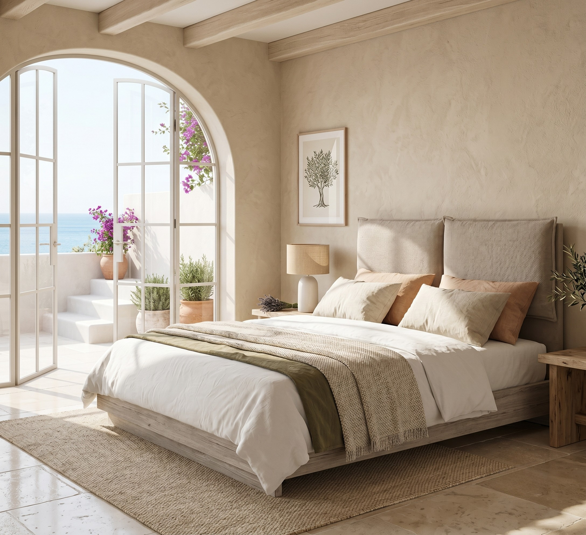 Cabecero tapizado Nube beige de Morfeo en una habitación mediterránea con arco abierto al mar.