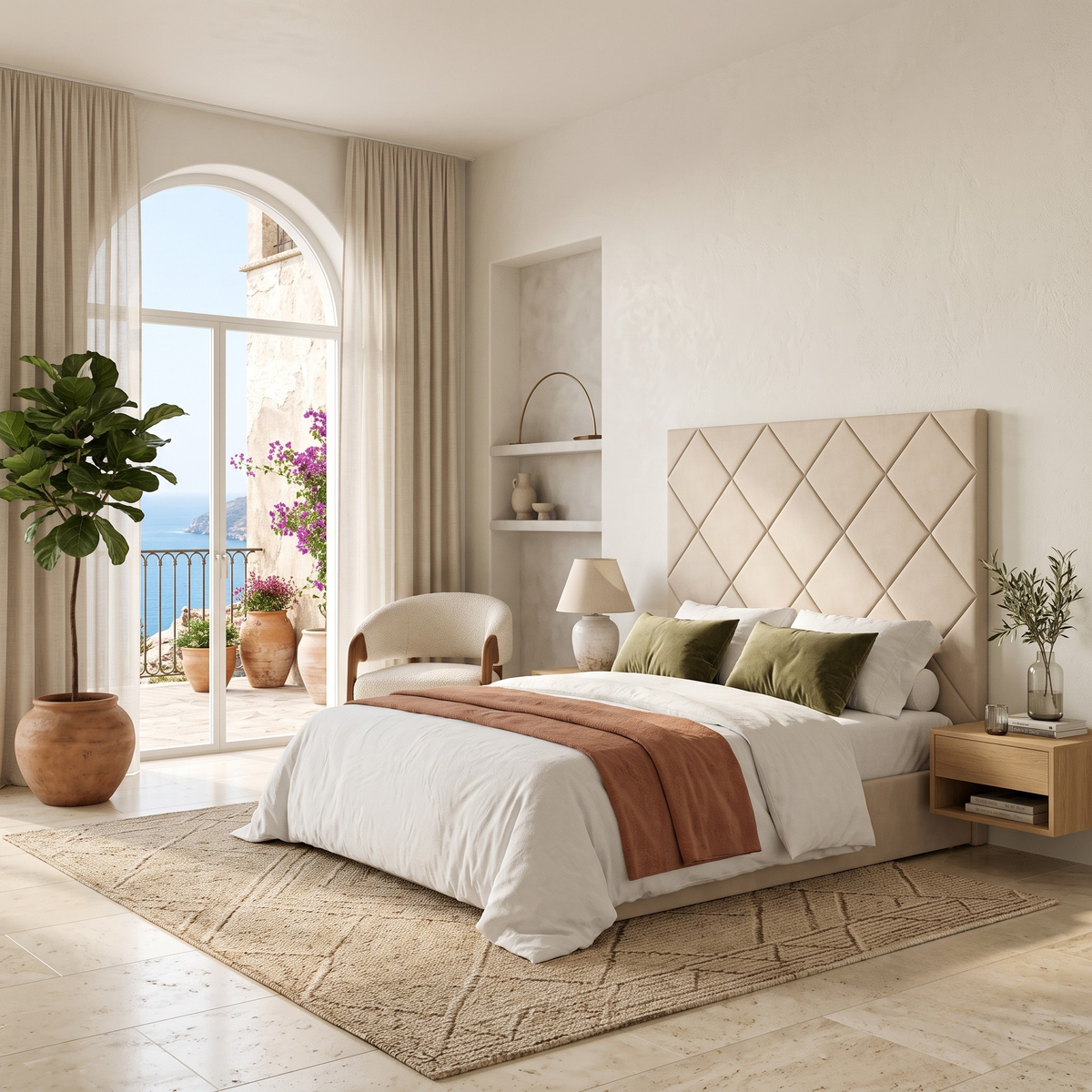Cabecero Samos color beige de Morfeo con capitoné en rombos en habitación mediterránea con vistas al mar.