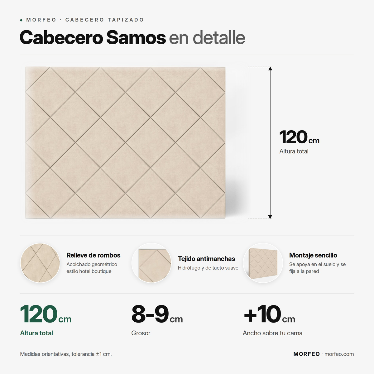 Infografía del cabecero tapizado Samos de Morfeo: 120 cm de altura, 8-9 cm de grosor y ancho de la cama +10 cm.