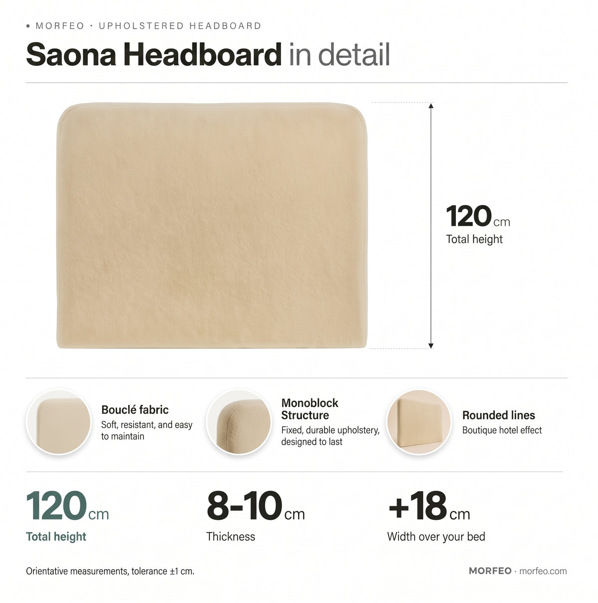 Medidas del cabecero tapizado Saona beige de Morfeo: 120 cm de alto, 8-10 cm de grosor y 18 cm más ancho que la cama, en bouclé.