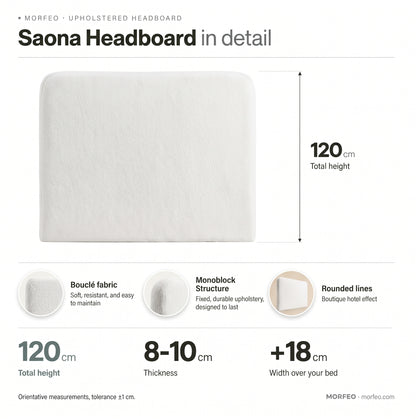 Medidas del cabecero tapizado Saona blanco de Morfeo: 120 cm de alto, 8-10 cm de grosor y 18 cm más ancho que la cama, en bouclé.
