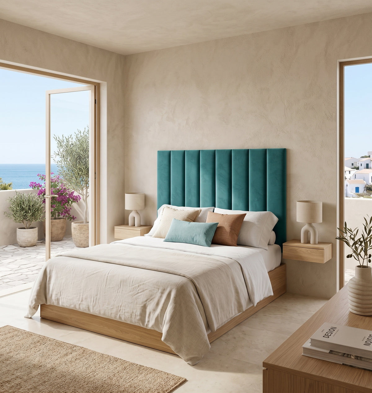 Cabecero tapizado Tasos turquesa de Morfeo con canales verticales en un dormitorio mediterráneo con vistas al mar.