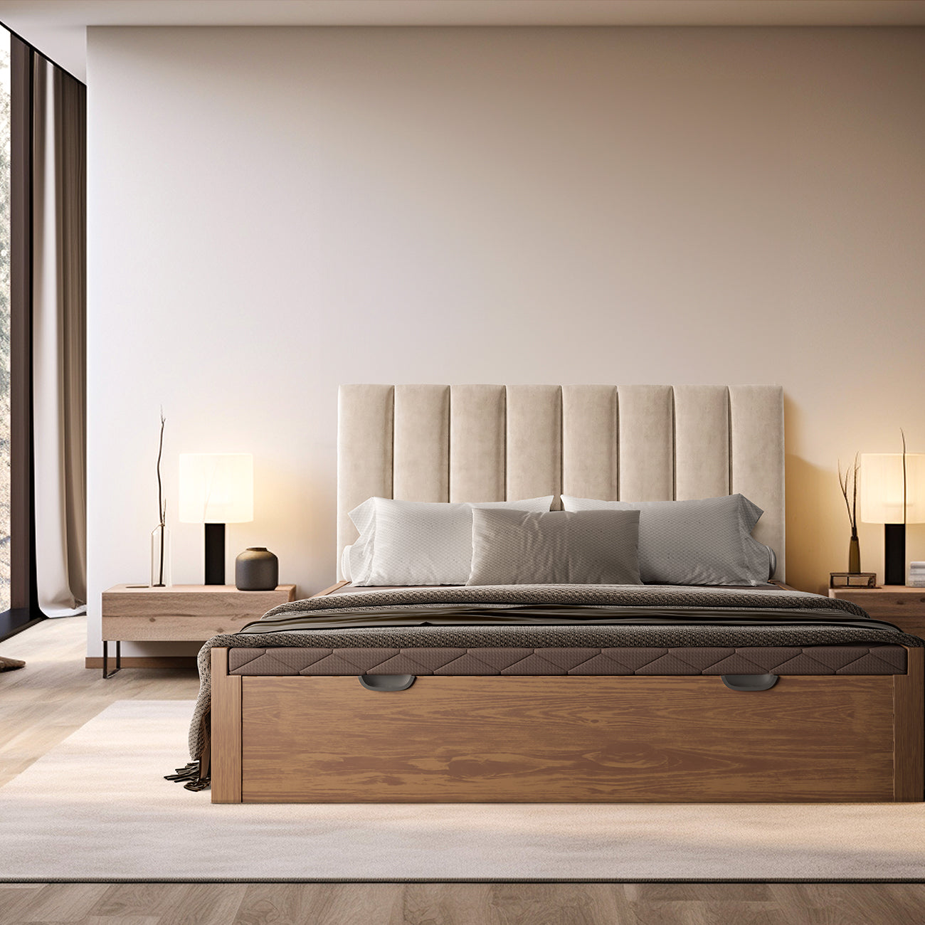 Cabecero Tasos beige de Morfeo en dormitorio de estilo nórdico y moderno vista frontal.