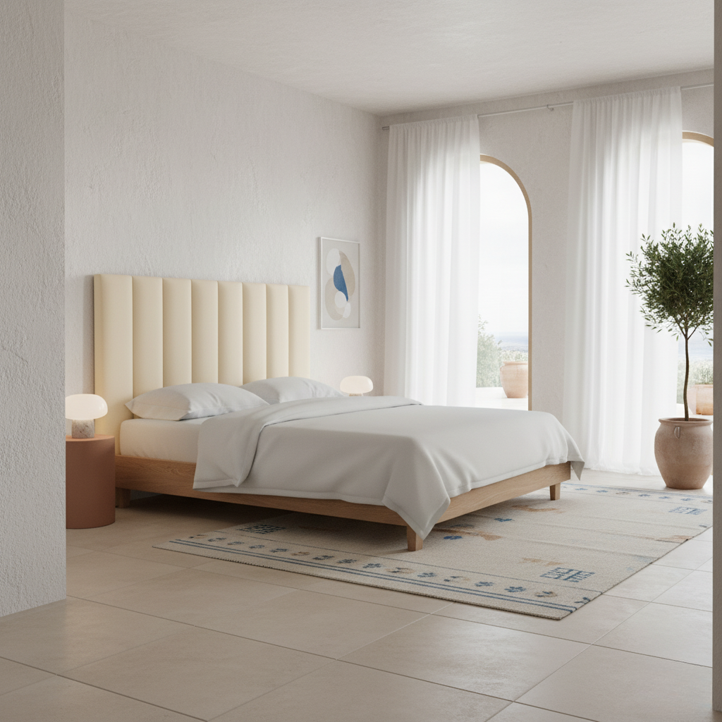 Cabecero Tasos beige de Morfeo en dormitorio de estilo nórdico y moderno.