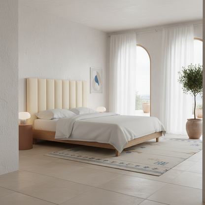 Cabecero Tasos beige de Morfeo en dormitorio de estilo nórdico y moderno.