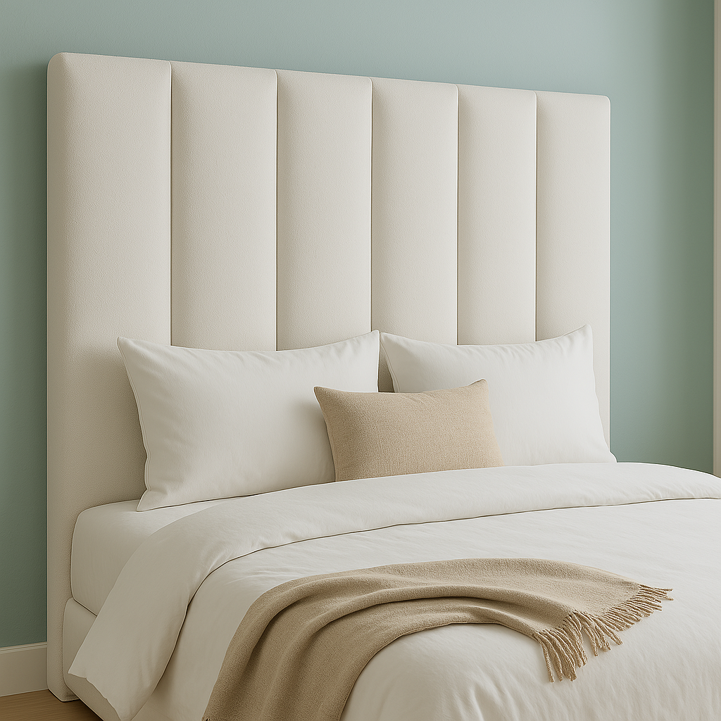 Cabecero Tasos color blanco de Morfeo en dormitorio luminoso con cama y textiles claros.