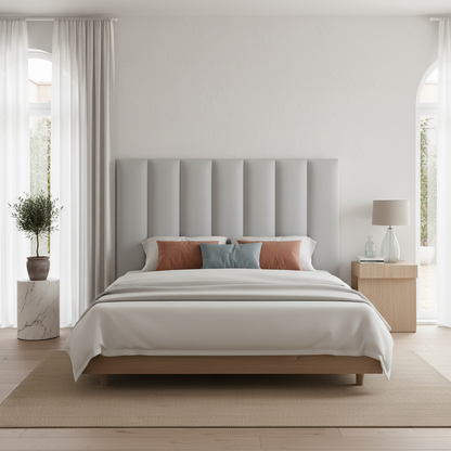 Cabecero Tasos gris de Morfeo en dormitorio de estilo nórdico y moderno vista frontal.