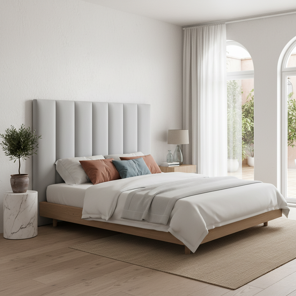 Cabecero Tasos gris de Morfeo en dormitorio de estilo nórdico y moderno vista lateral.