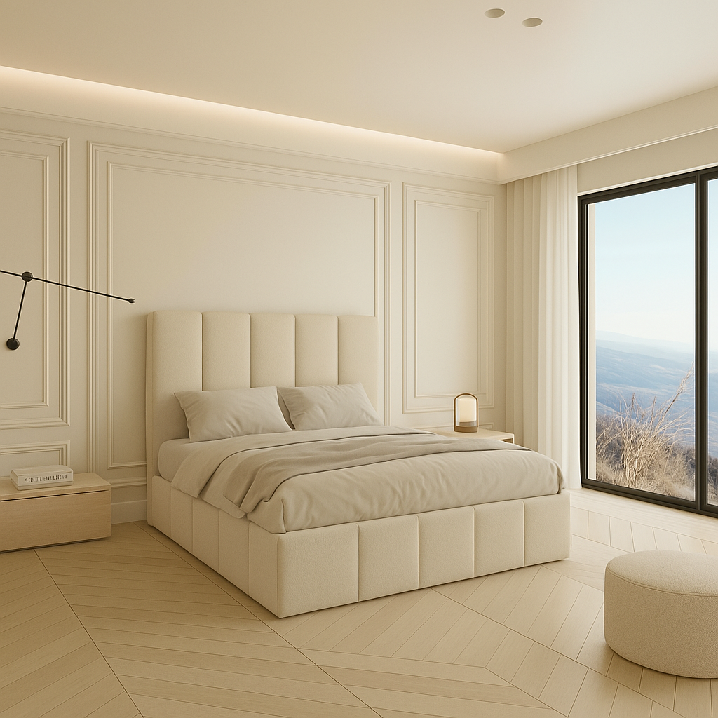 Canapé Duna color beige de Morfeo en dormitorio con cama vestida y tonos beiges.