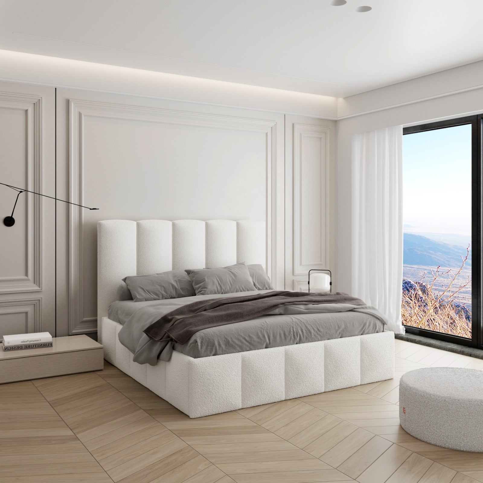 Canapé Duna color blanco de Morfeo en dormitorio con cama vestida y tonos grises.
